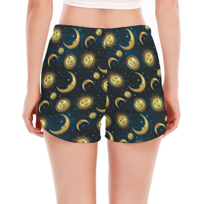 Vintage Moon And Sun Pattern Print Women's Split Running Shorts