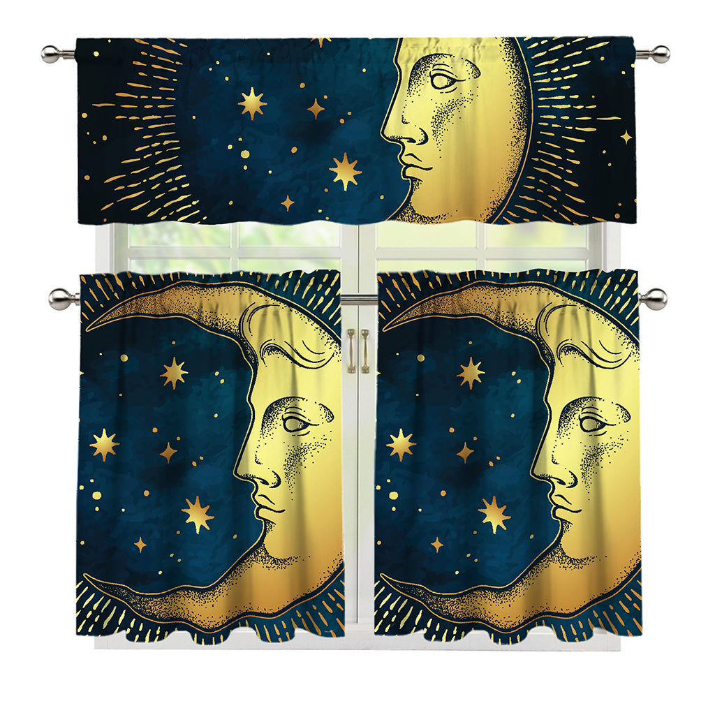 Vintage Moon And Sun Print 3 Piece Kitchen Curtains