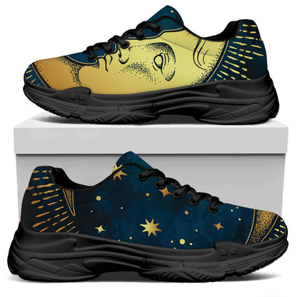 Vintage Moon And Sun Print Black Chunky Shoes