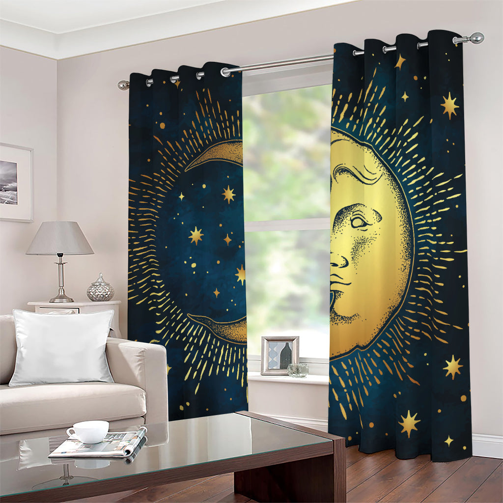 Vintage Moon And Sun Print Blackout Grommet Curtains