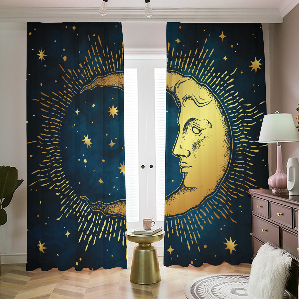 Vintage Moon And Sun Print Blackout Pencil Pleat Curtains