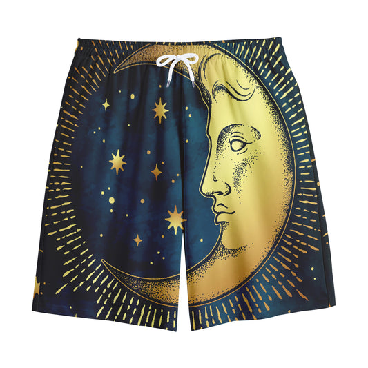Vintage Moon And Sun Print Cotton Shorts