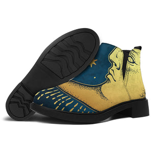 Vintage Moon And Sun Print Flat Ankle Boots