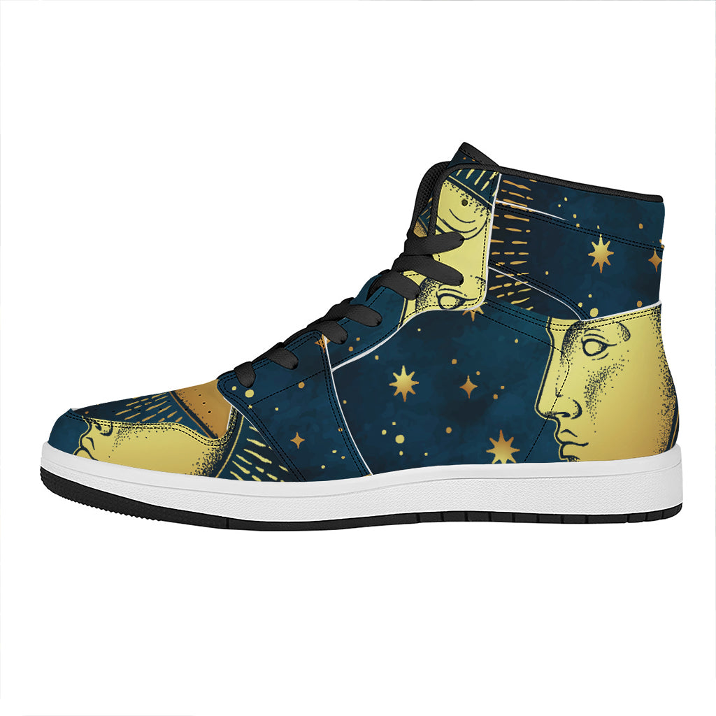 Vintage Moon And Sun Print High Top Leather Sneakers