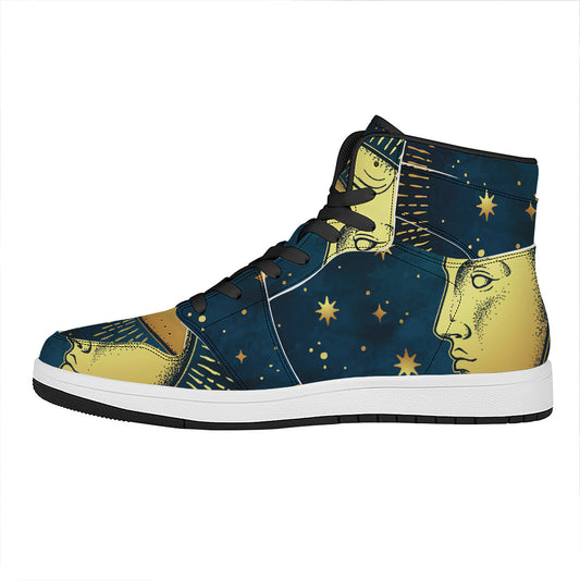 Vintage Moon And Sun Print High Top Leather Sneakers