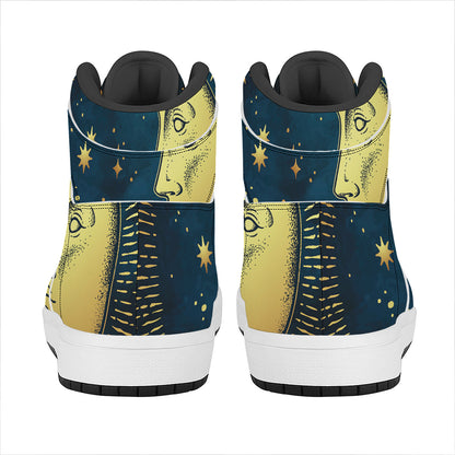 Vintage Moon And Sun Print High Top Leather Sneakers