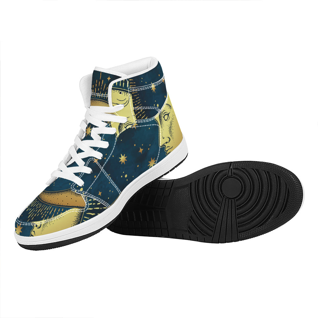 Vintage Moon And Sun Print High Top Leather Sneakers