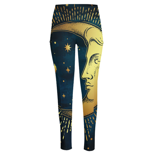 Vintage Moon And Sun Print High-Waisted Pocket Leggings