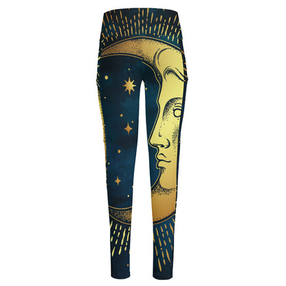 Vintage Moon And Sun Print High-Waisted Pocket Leggings