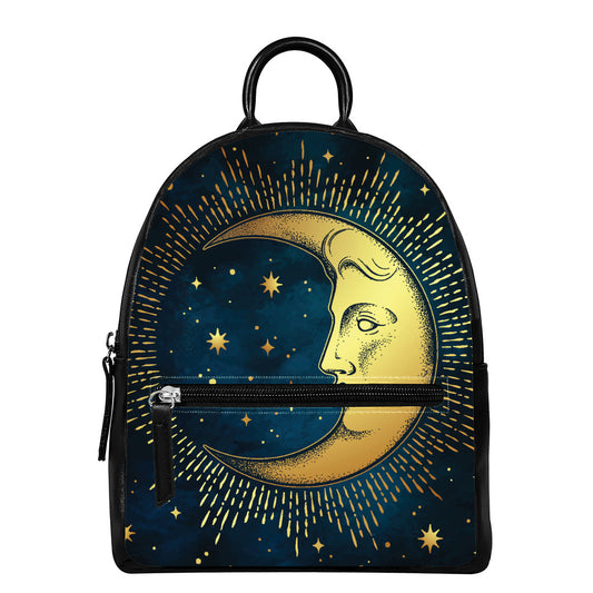 Vintage Moon And Sun Print Leather Backpack