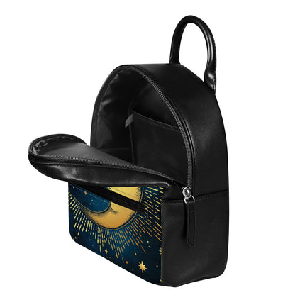 Vintage Moon And Sun Print Leather Backpack