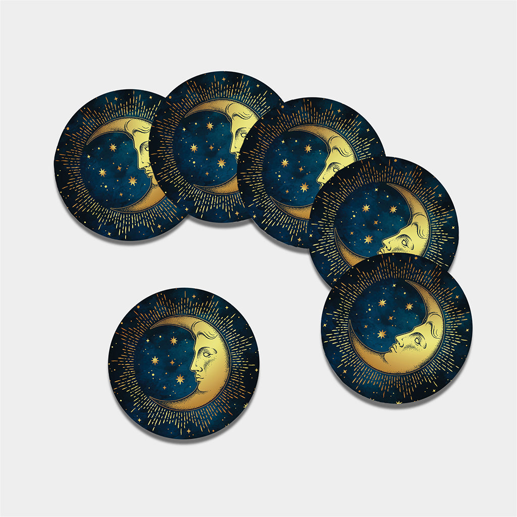 Vintage Moon And Sun Print Leather Coaster Set