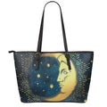 Vintage Moon And Sun Print Leather Tote Bag With Zipper