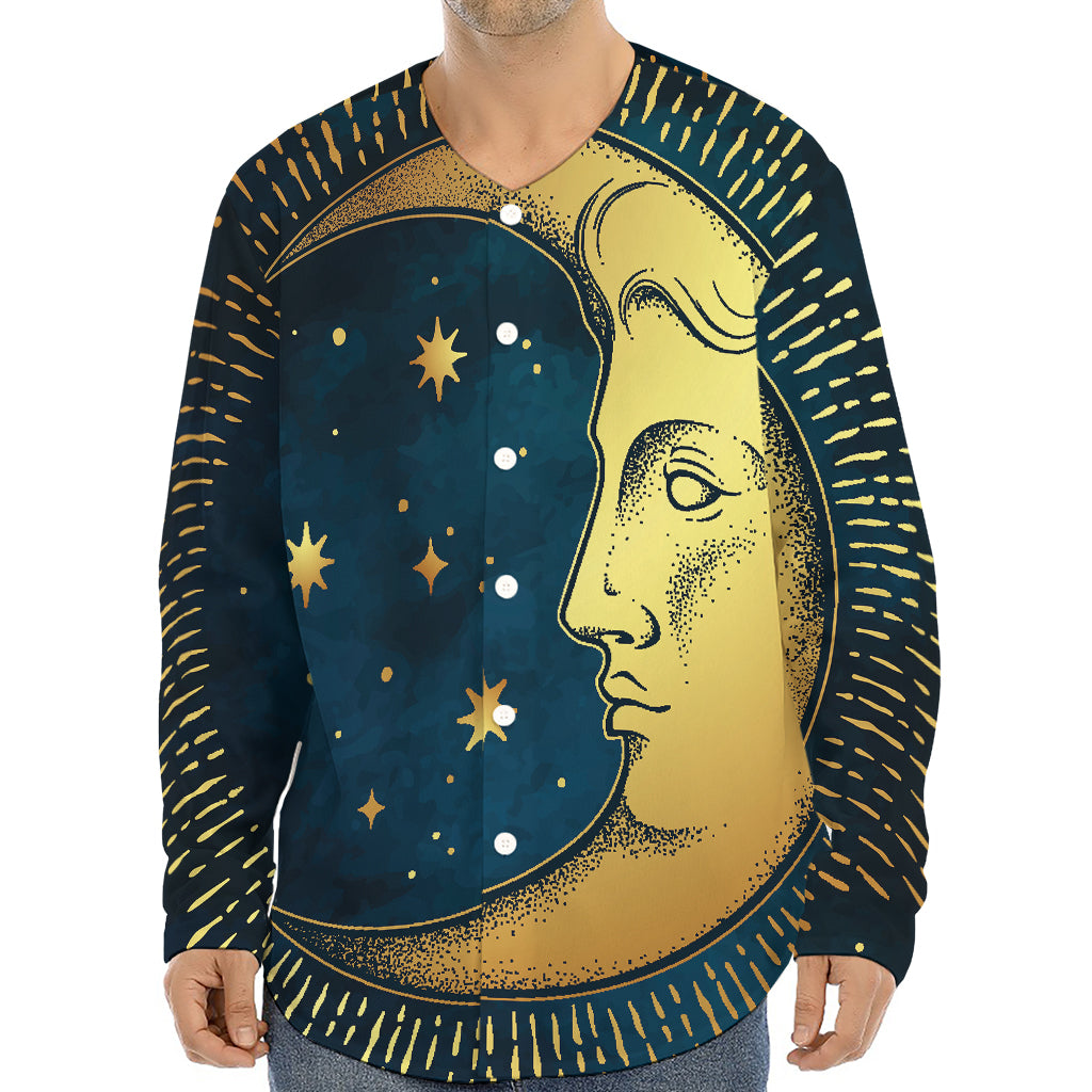 Vintage Moon And Sun Print Long Sleeve Baseball Jersey