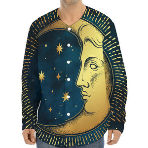 Vintage Moon And Sun Print Long Sleeve Baseball Jersey