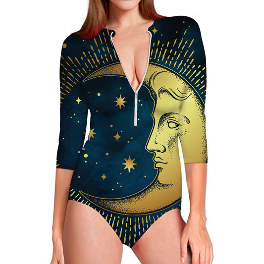Vintage Moon And Sun Print Long Sleeve Swimsuit