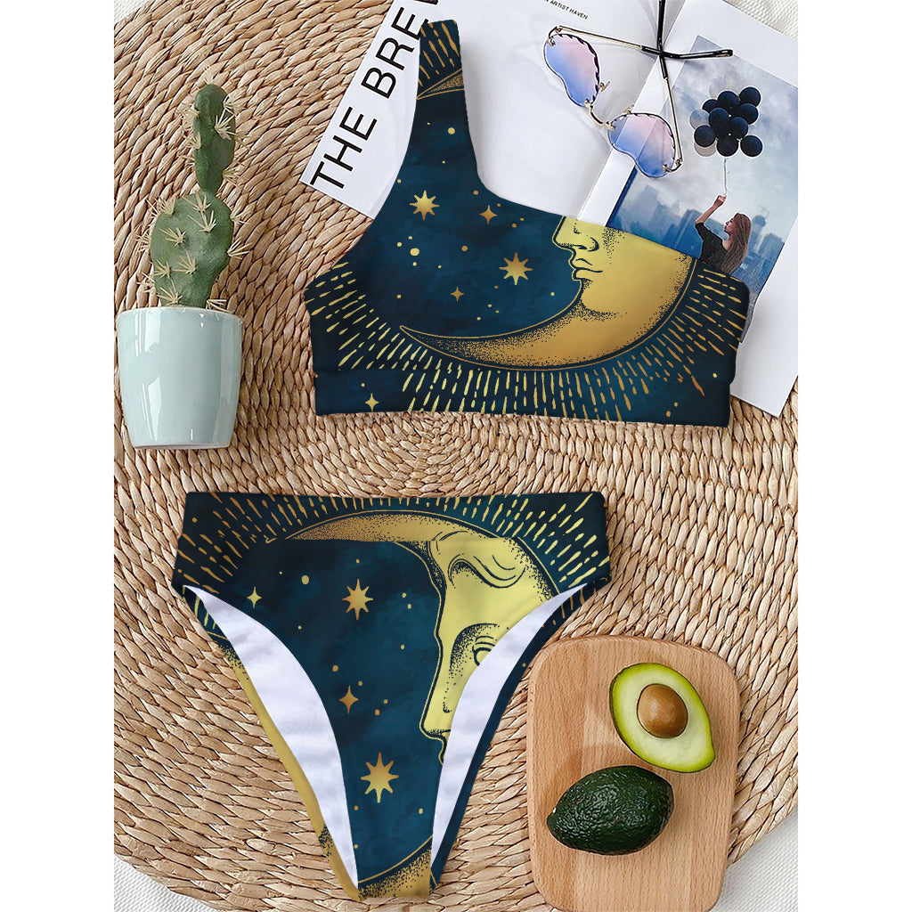 Vintage Moon And Sun Print One Shoulder Bikini Top