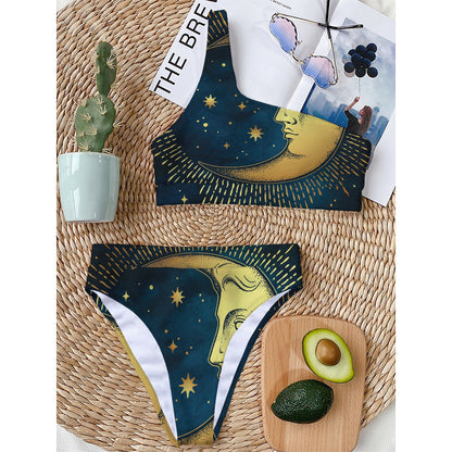 Vintage Moon And Sun Print One Shoulder Bikini Top