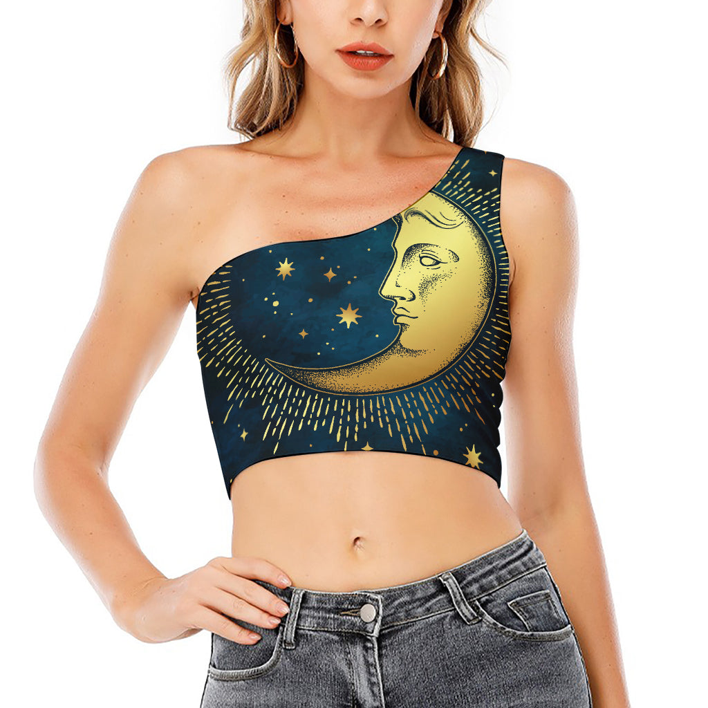 Vintage Moon And Sun Print One Shoulder Crop Top