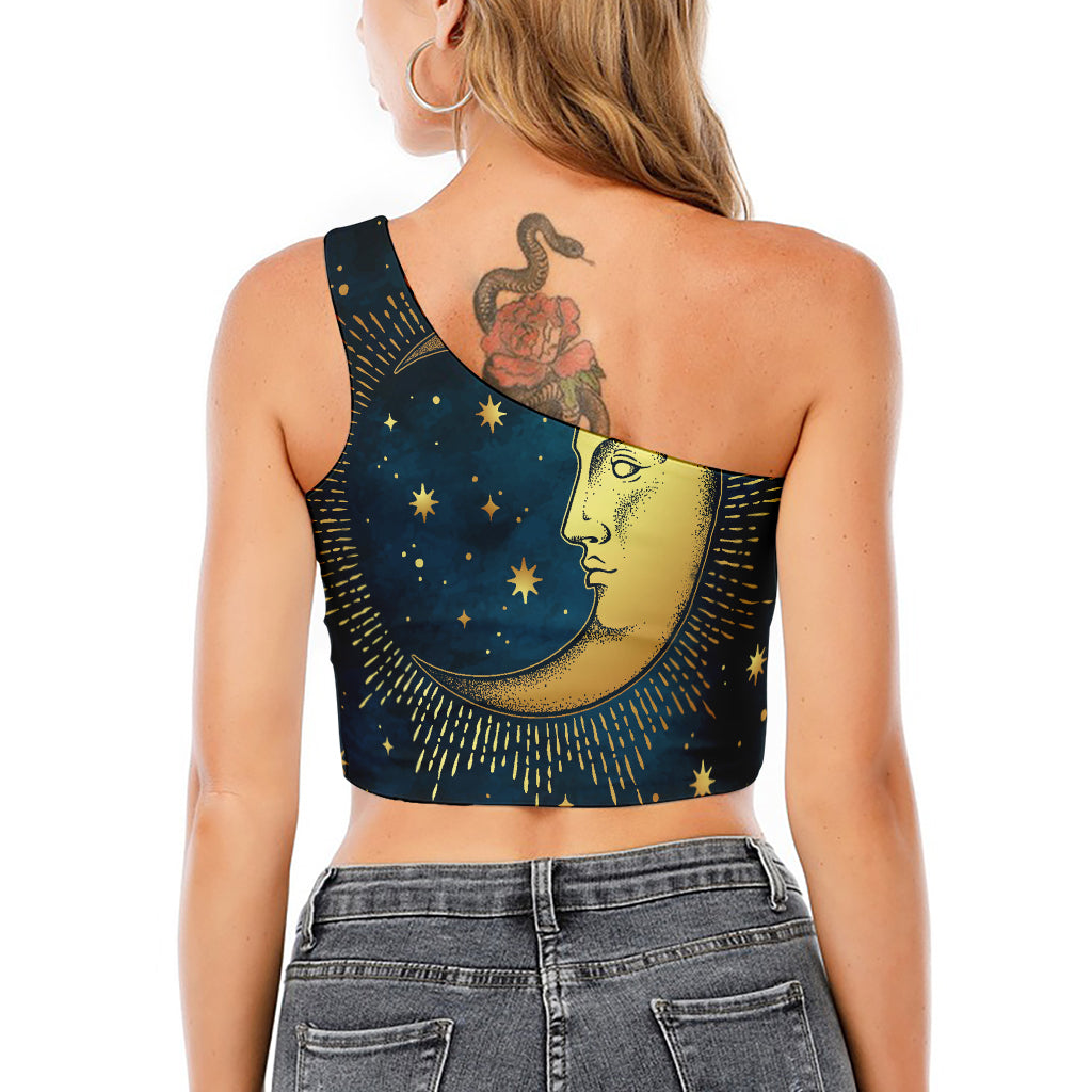 Vintage Moon And Sun Print One Shoulder Crop Top