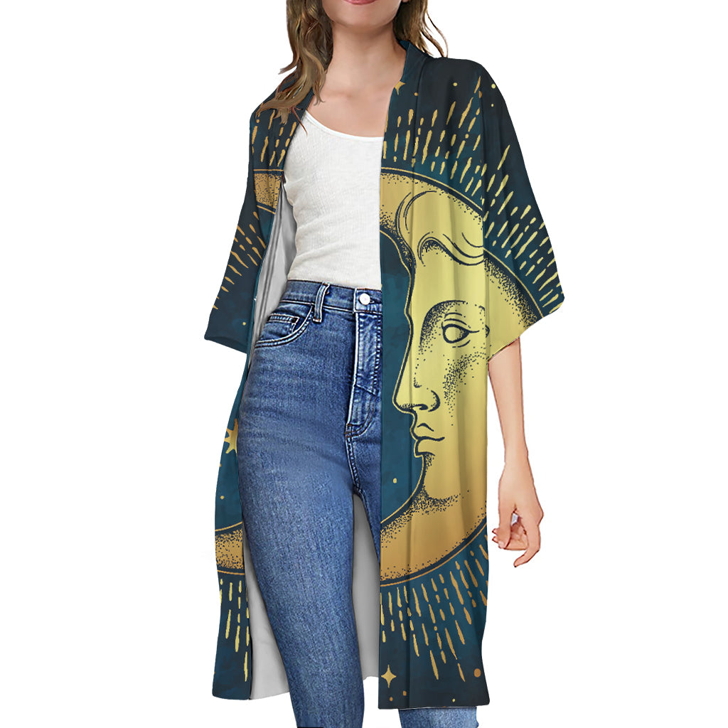 Vintage Moon And Sun Print Open Front Beach Cover Up