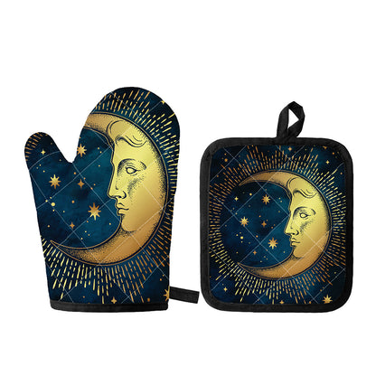 Vintage Moon And Sun Print Oven Mitt And Pot Holder Set