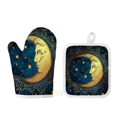 Vintage Moon And Sun Print Oven Mitt And Pot Holder Set