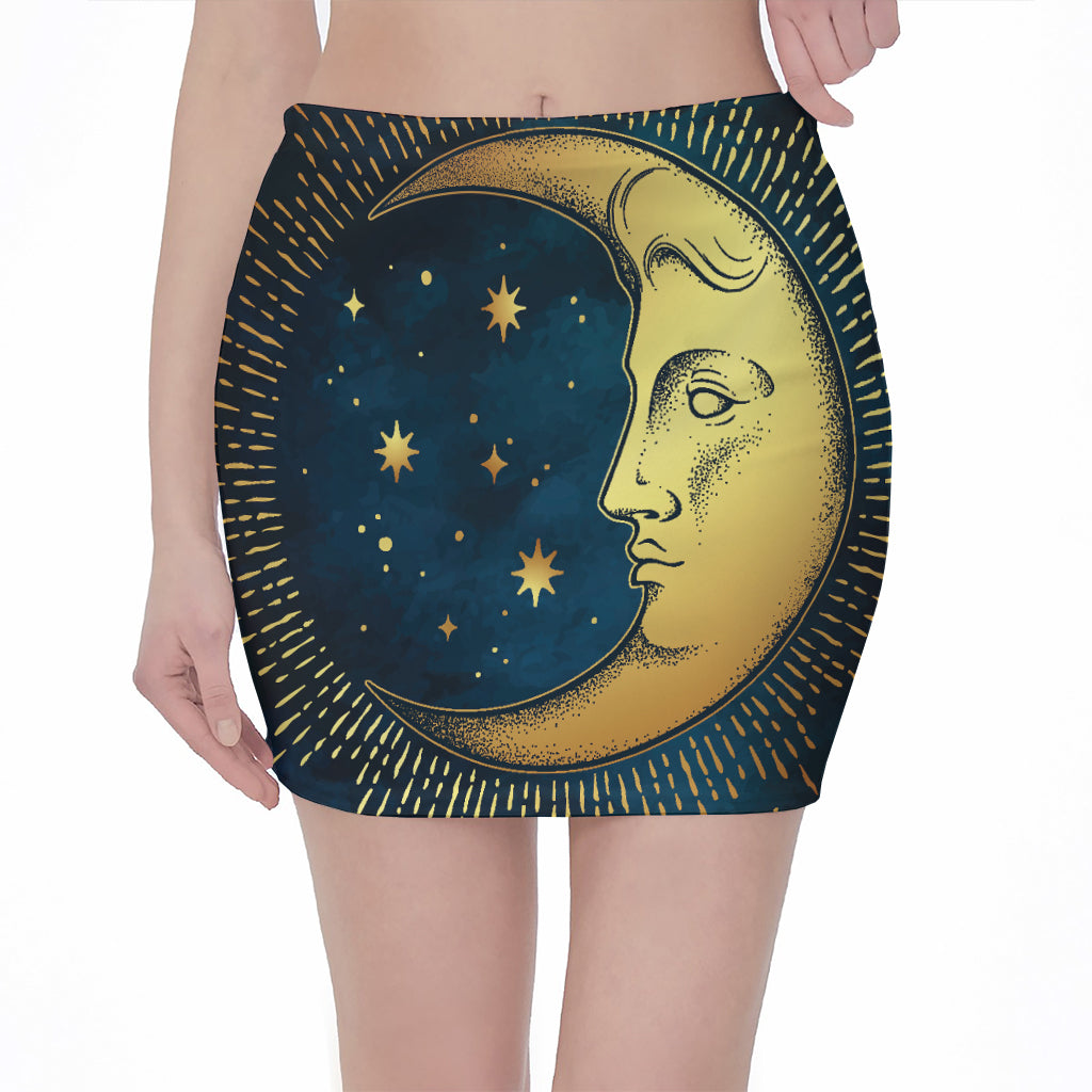 Vintage Moon And Sun Print Pencil Mini Skirt
