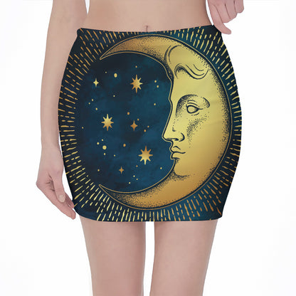 Vintage Moon And Sun Print Pencil Mini Skirt