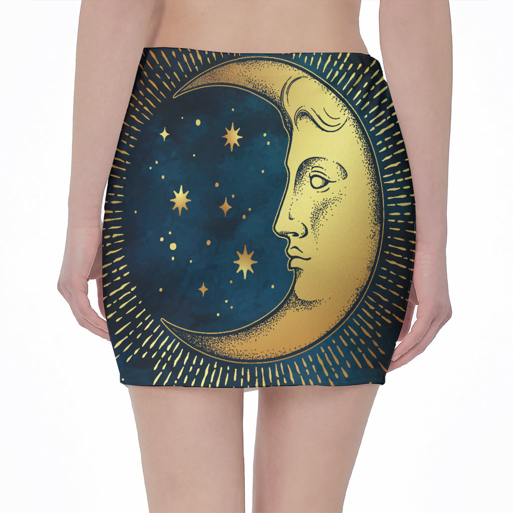 Vintage Moon And Sun Print Pencil Mini Skirt