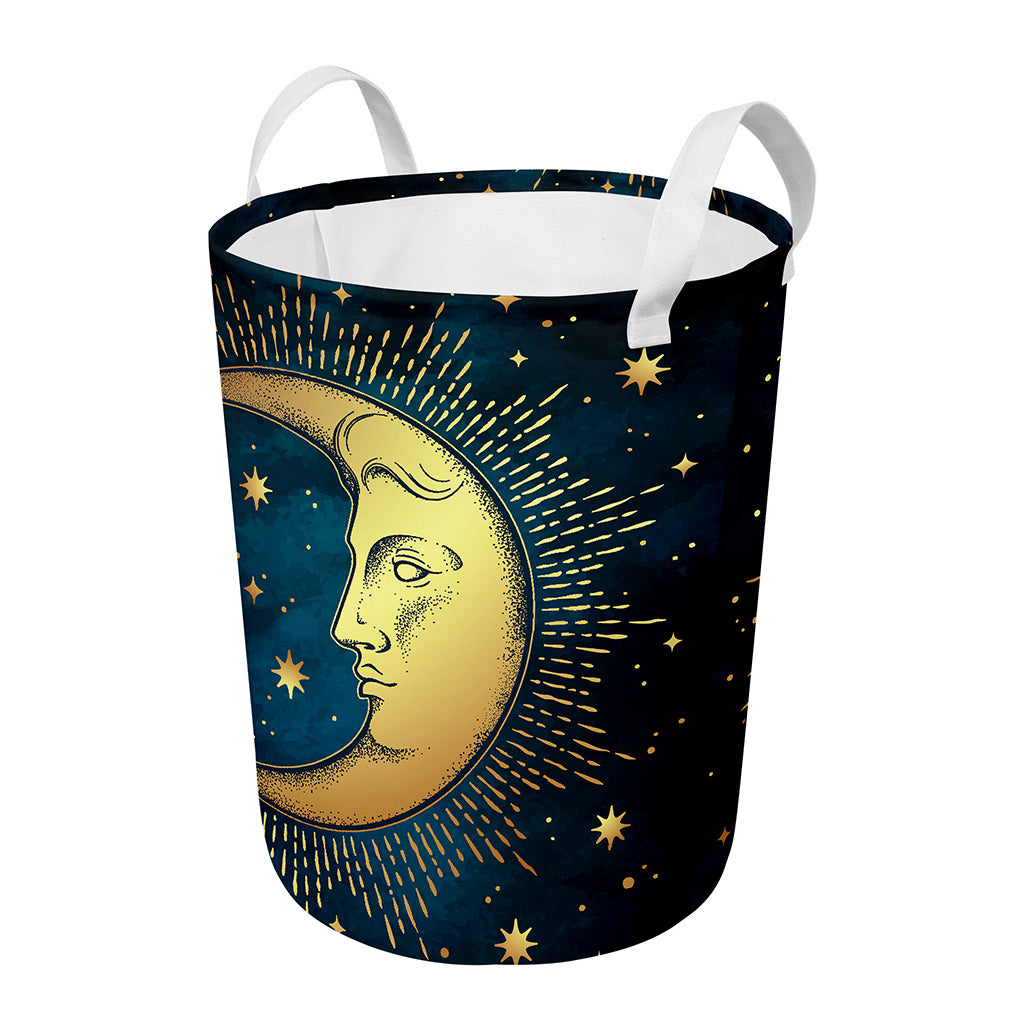 Vintage Moon And Sun Print Round Laundry Basket