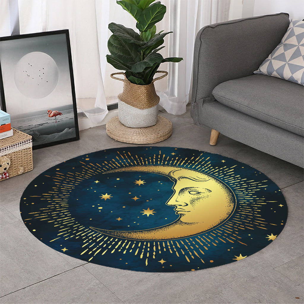 Vintage Moon And Sun Print Round Rug