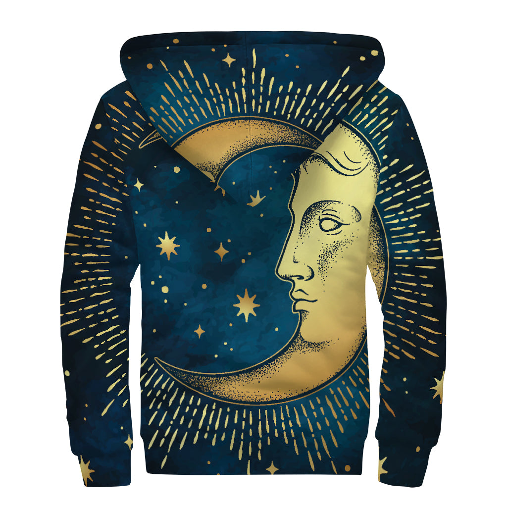 Vintage Moon And Sun Print Sherpa Lined Zip Up Hoodie