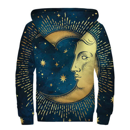 Vintage Moon And Sun Print Sherpa Lined Zip Up Hoodie