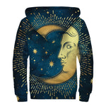 Vintage Moon And Sun Print Sherpa Lined Zip Up Hoodie