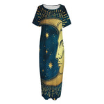Vintage Moon And Sun Print Short Sleeve Long Nightdress