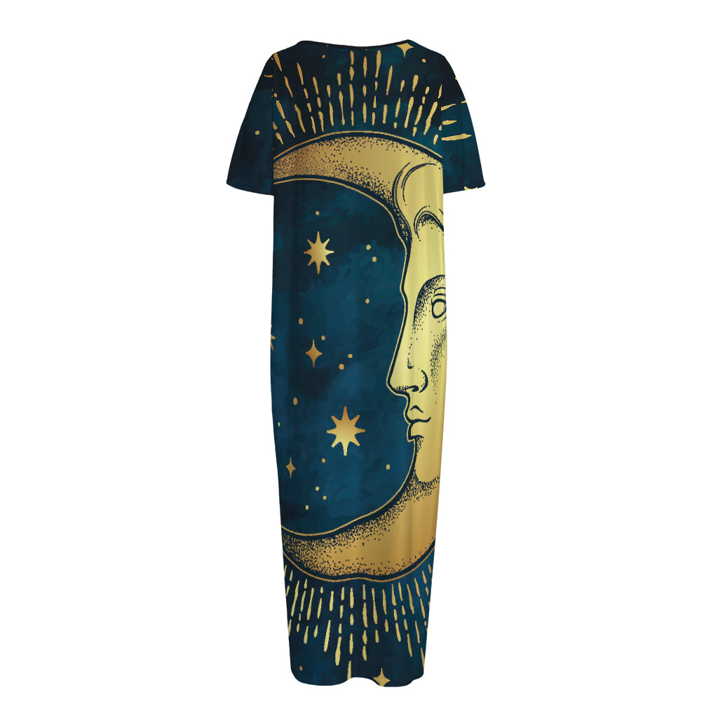 Vintage Moon And Sun Print Short Sleeve Long Nightdress