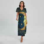 Vintage Moon And Sun Print Short Sleeve Maxi Dress
