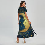 Vintage Moon And Sun Print Short Sleeve Maxi Dress
