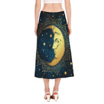 Vintage Moon And Sun Print Side Slit Midi Skirt