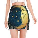 Vintage Moon And Sun Print Side Slit Mini Skirt
