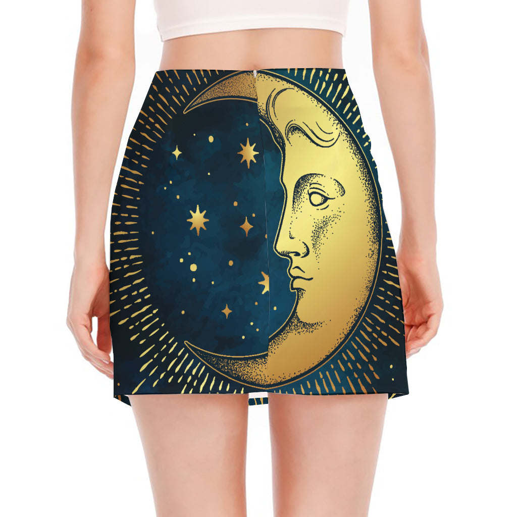 Vintage Moon And Sun Print Side Slit Mini Skirt