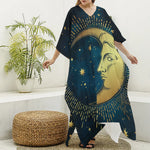 Vintage Moon And Sun Print Silk V-Neck Kaftan Dress