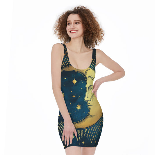 Vintage Moon And Sun Print Sleeveless Bodycon Dress