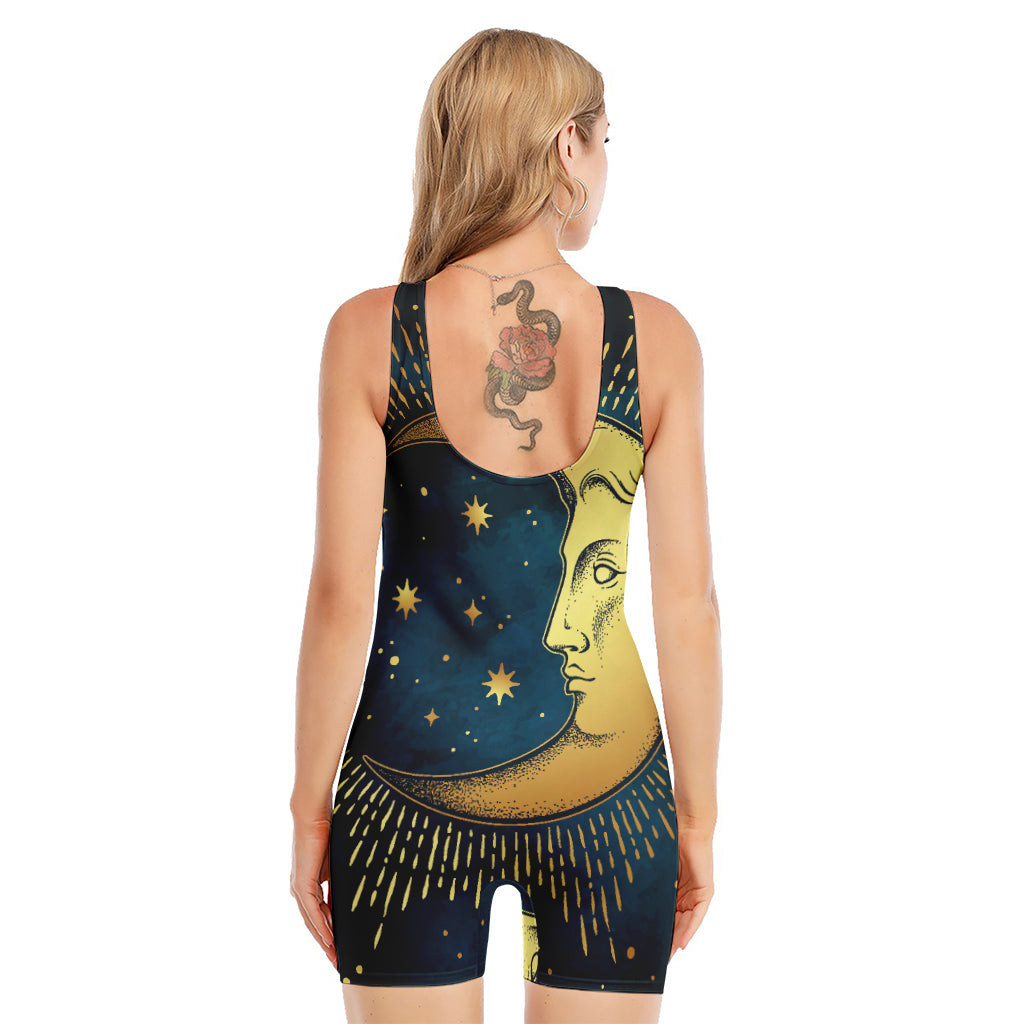 Vintage Moon And Sun Print Sleeveless One Piece Swimsuit