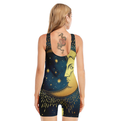 Vintage Moon And Sun Print Sleeveless One Piece Swimsuit