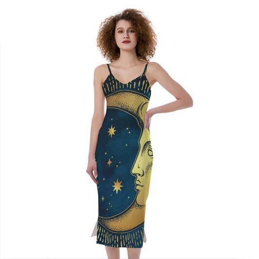 Vintage Moon And Sun Print Slim Fit Midi Cami Dress
