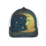 Vintage Moon And Sun Print White Mesh Trucker Cap