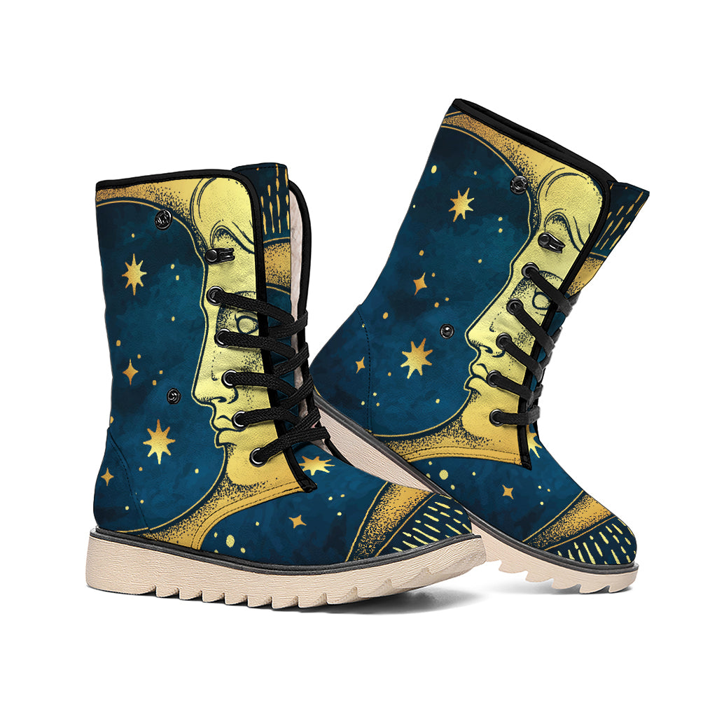 Vintage Moon And Sun Print Winter Boots