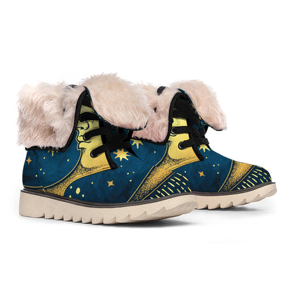 Vintage Moon And Sun Print Winter Boots